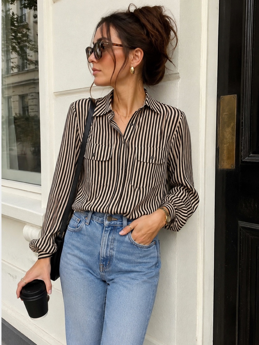 Vintage Notations Black Beige Striped Button Down Blouse | Career Chic